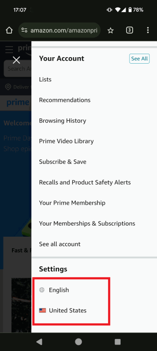 Возможность изменить язык и страну, отображаемые в Amazon в мобильном браузере.