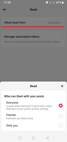 Выберите опцию «Разрешить Duet from» в приложении TikTok, чтобы просмотреть доступные настройки.