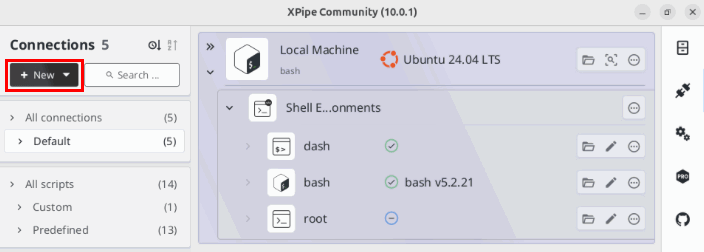 Снимок экрана, на котором выделена кнопка «Новый» на панели управления XPipe.