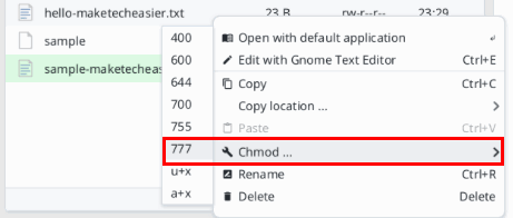 Снимок экрана, показывающий расположение пункта контекстного меню «chmod».