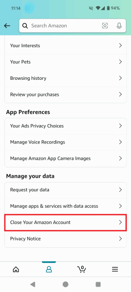 Нажмите на опцию «Закрыть свою учетную запись Amazon» в приложении Amazon Shopping.