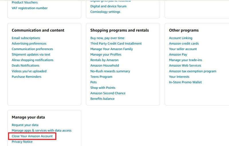 Нажмите кнопку «Закрыть учетную запись Amazon» на веб-сайте Amazon.