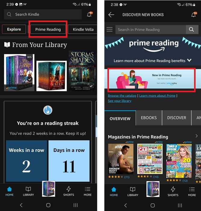 Использование Prime Reading в приложении Kindle.