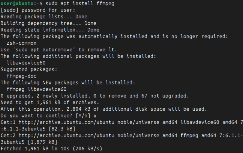 Установка FFmpeg с помощью менеджера пакетов apt