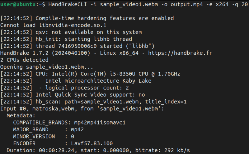 Преобразование файла WebM в Mp4 с помощью интерфейса HandBrake CLI