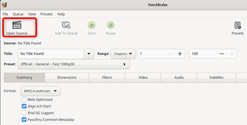 открытие видеофайла WebM в HandBrake из опции Open Source