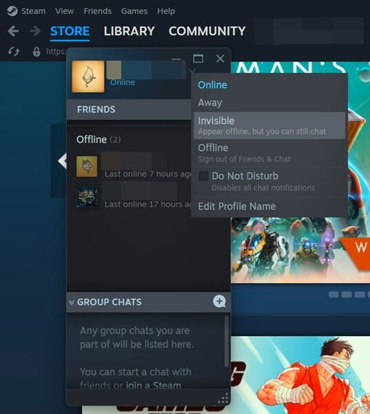 Переключение пользователя на невидимость в клиенте Steam для ПК.