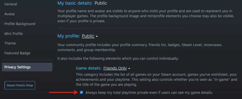 Активация опции «Всегда сохранять конфиденциальность общего времени игры» в клиенте Steam для ПК.