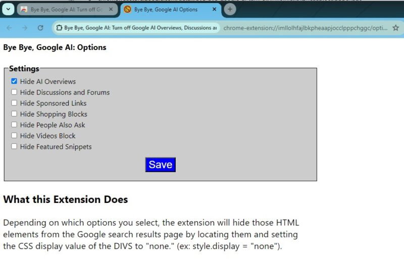Использование расширения Bye Bye Google AI, чтобы остановить результаты поиска Google AI.