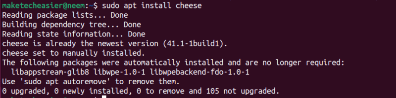 Установите приложение веб-камеры Cheese с помощью команды «sudo apt install».