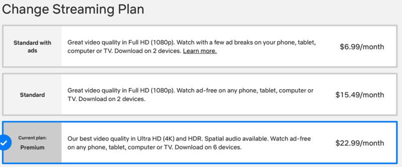 Самый дешевый план Netflix без рекламы, три плана