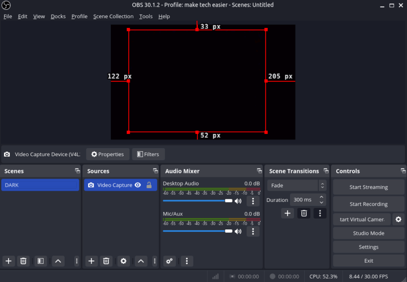 Интерфейс OBS Studio, показывающий сцену, созданную из источника веб-камеры.