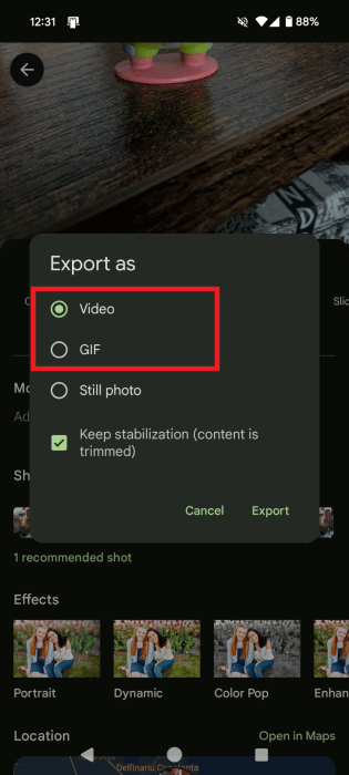 Выбор сохранения Motion Photo в формате видео или GIF в Google Фото.
