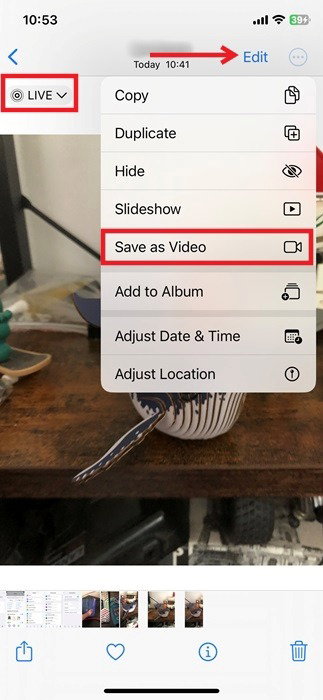 Нажмите на опцию «Сохранить как видео» в режиме Live Photo на iPhone.