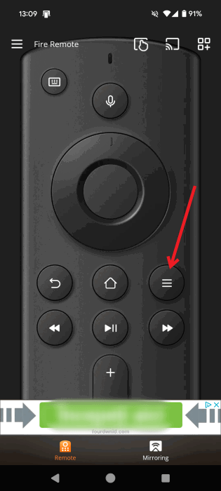 Нажатие кнопки меню в приложении Remote for Fire TV и FireStick на Android.