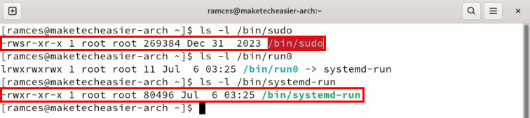 Терминал, отображающий свойства setuid двоичного файла sudo по сравнению с run0.