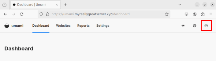 Снимок экрана, показывающий расположение значка изображения профиля на панели управления Umami.