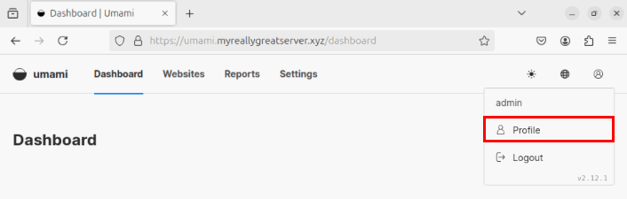 Скриншот, показывающий расположение пункта меню «Профиль» на панели управления Umami.