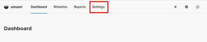 Скриншот, показывающий расположение меню «Настройки» на панели управления Umami.
