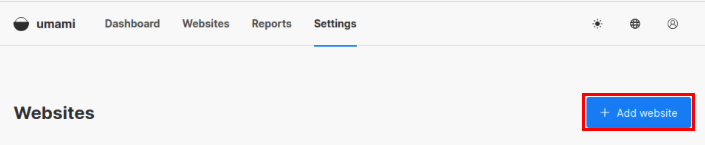 Снимок экрана, показывающий расположение кнопки «Добавить веб-сайт» на экране настроек Umami.