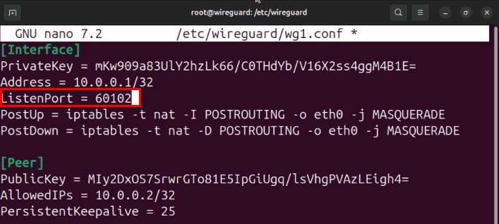 Терминал, выделяющий измененную переменную ListenPort для второго интерфейса Wireguard.