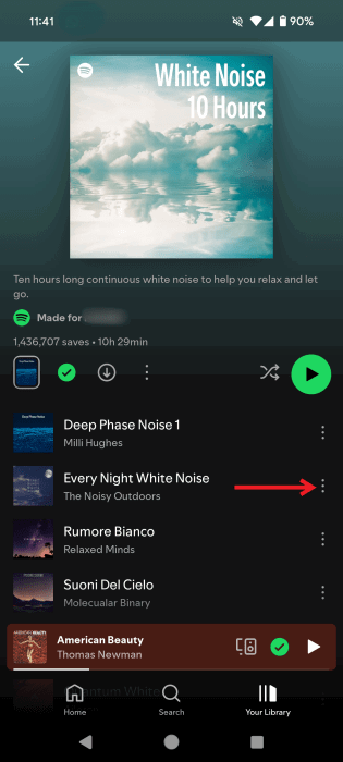 Нажатие на три точки рядом с отдельной песней в приложении Spotify для Android.