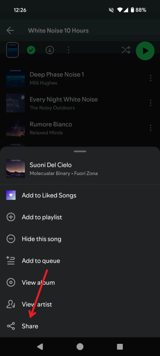 Нажатие кнопки «Поделиться» для отдельной песни в приложении Spotify для Android.