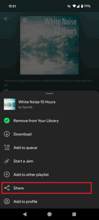 Нажатие кнопки «Поделиться» для просмотра списка воспроизведения в приложении Spotify для Android.