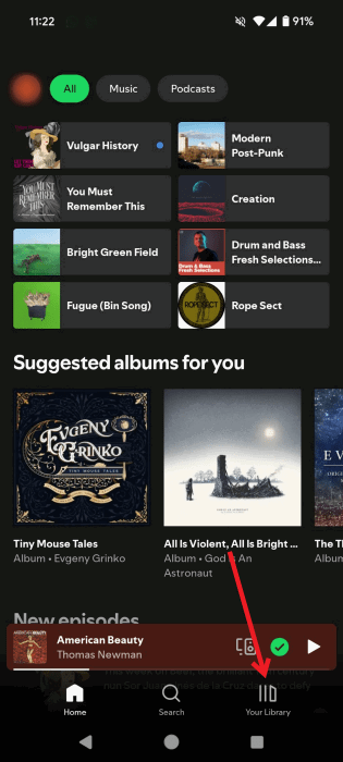 Нажмите «Ваша библиотека» в приложении Spotify для Android.