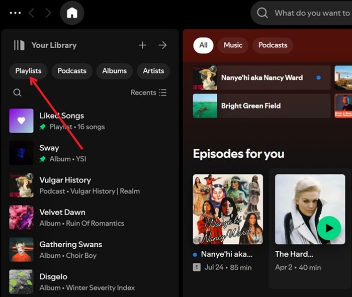 Нажатие кнопки «Плейлисты» в Spotify на ПК.