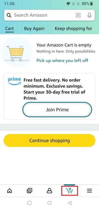 Кнопка «Присоединиться к Prime», видимая в приложении Amazon Shopping для Android.