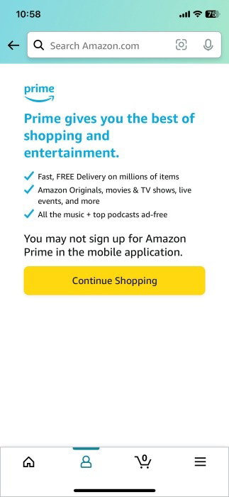 Вы не можете подписаться на Prime из приложения Amazon Shopping на iPhone.