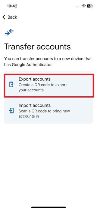 Выбор «Экспортировать учетные записи» в приложении Google Authenticator.