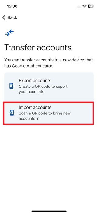 Нажатие на опцию «Импортировать учетные записи» в приложении Google Authenticator.