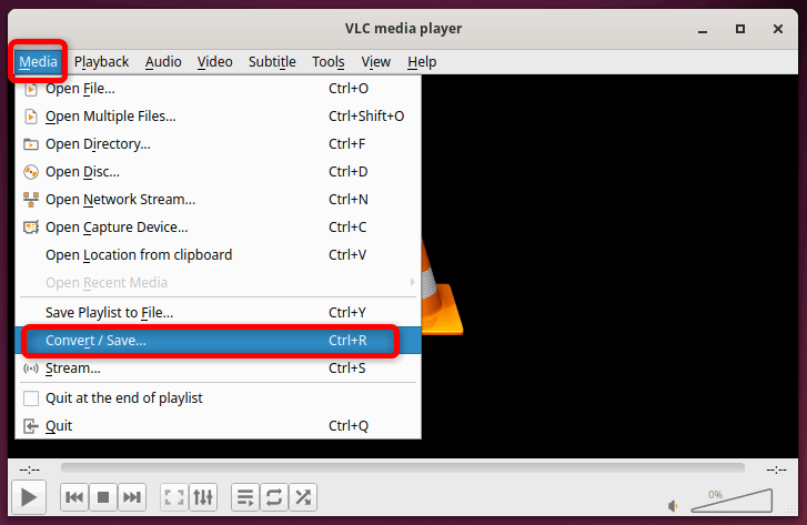 Открытие окна «Конвертировать/Сохранить» из раскрывающегося меню «Медиа» VLC