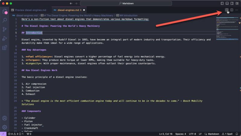 Кнопка Vscode для предварительного просмотра документа Markdown