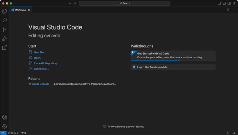 Новый экран приветствия Vscode