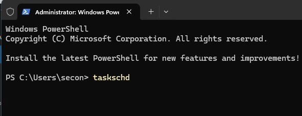 Открытие планировщика задач Windows в PowerShell.