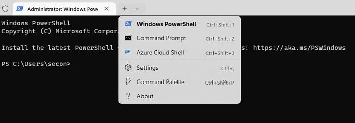 Открытие PowerShell в терминале Windows.