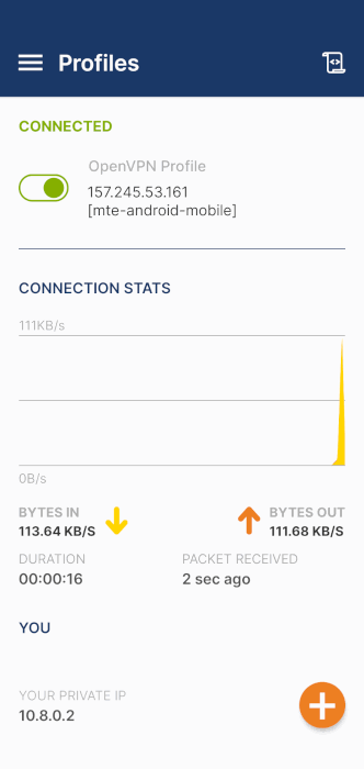 Снимок экрана, показывающий OpenVPN, работающий на устройстве Android.