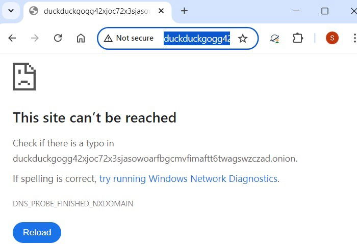 Попытка открыть луковую ссылку DuckDuckGo в браузере Google Chrome приводит к появлению сообщения «невозможно достичь».