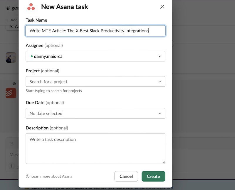 Использование интеграции Asana/Slack для создания новой задачи в приложении