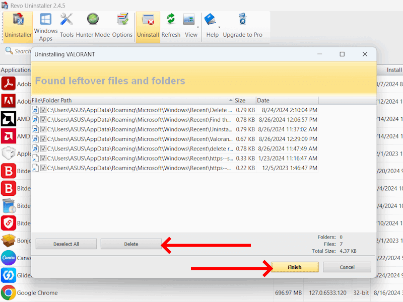 Удалить оставшиеся файлы Valorant Revo Uninstaller
