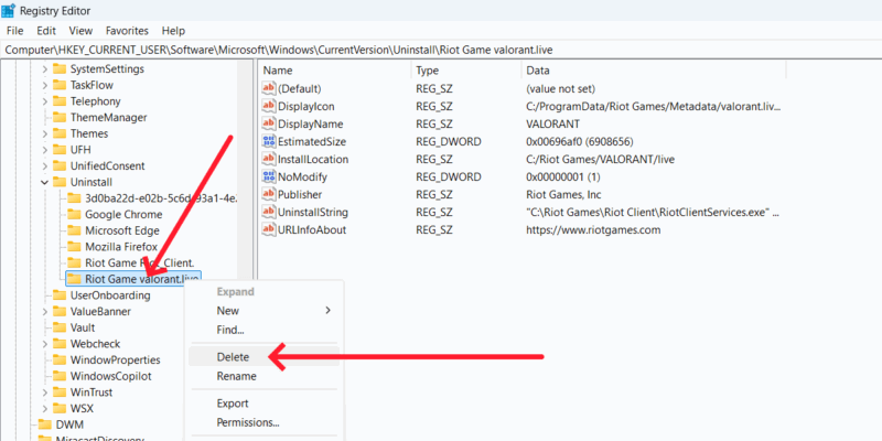 Удалить ключ реестра Valorant