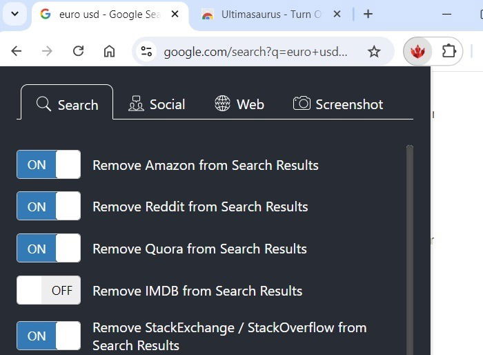 Ultimasaurus, расширение Chrome для удаления отвлекающих сайтов, таких как Quora, Reddit и StackExchange, из результатов поиска Google.