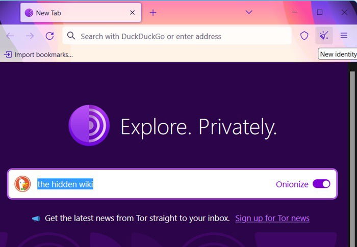 Луковизировать результаты поиска DuckDuckGo в браузере Tor. Нажмите «Новая личность», чтобы просмотреть опцию «онионизировать».