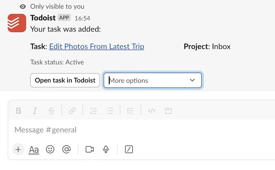 Добавьте задачу через интеграцию Todoist со Slack.