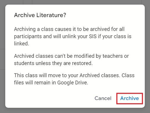 Нажатие кнопки «Архив» во всплывающем окне в Google Classroom.