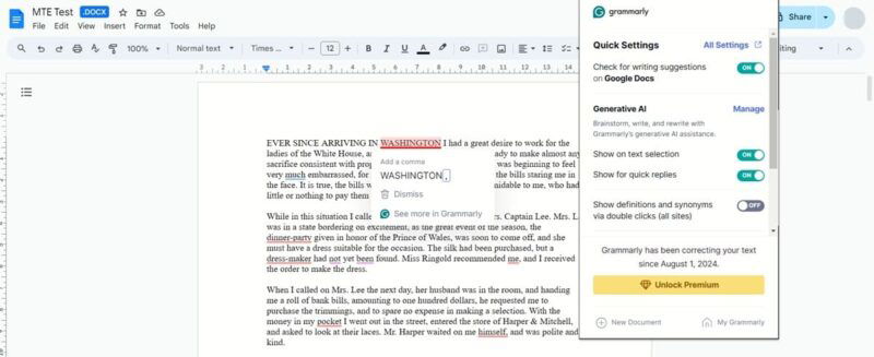 Текст Google Docs, когда расширение Grammarly для Chrome активно.