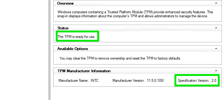 Проверьте поддержку TPM 2.0 в Windows 11.